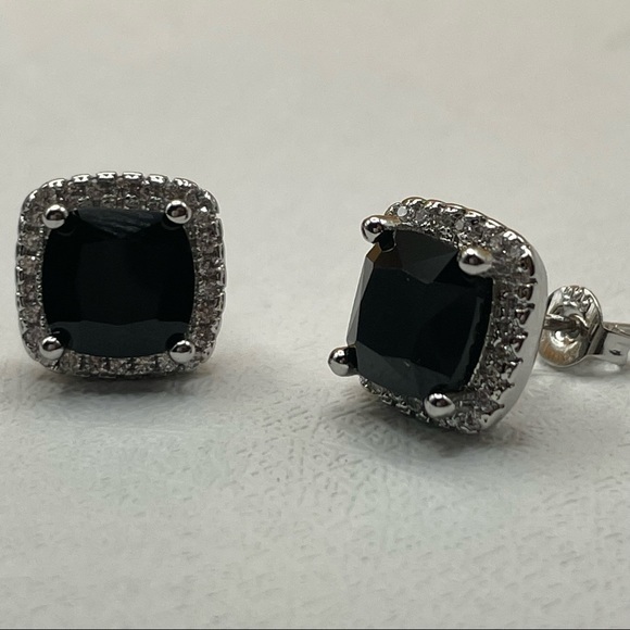 925 Sterling Silver Cushion Cut Black Onyx Diamond Halo Elegant Stud Earrings - Picture 5 of 15